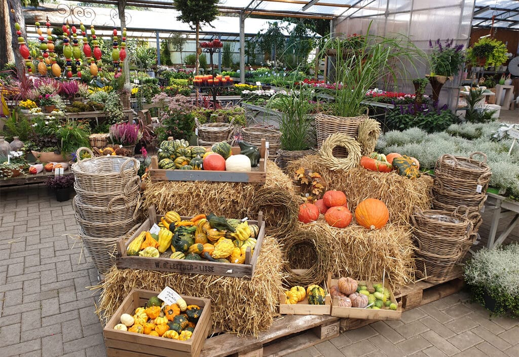 Kürbisse auf Strohballen der Pflanzgarten